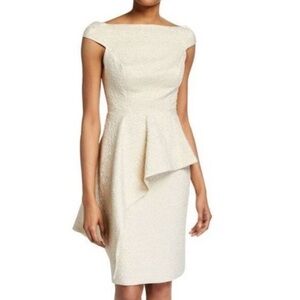RICKIE FREEMAN TERI JON GOLD ASYMMETRICAL METALLIC PEPLUM DRESS SIZE 2